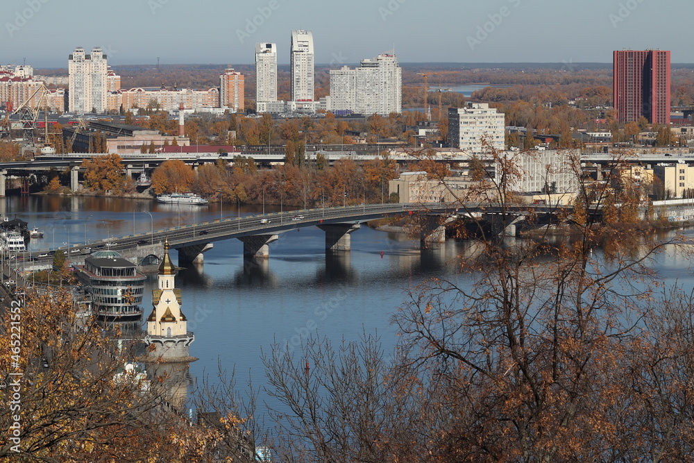 Urban autumn landscape, Dnieper river Kiev city, Ukraine.
