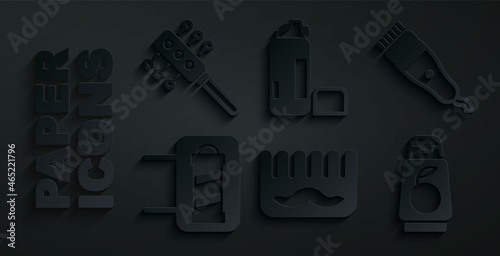 Set Hairbrush, Electrical hair clipper, Barber shop pole, Bottle of shampoo, Shaving gel foam and icon. Vector