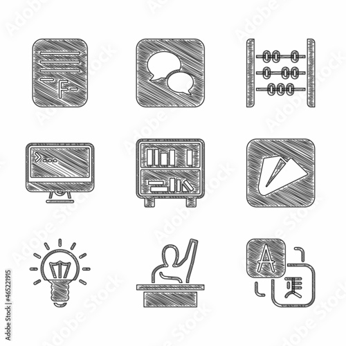 Set Shelf with books, Male kid raising hand, Translator, Paper airplane, Light bulb, Computer monitor, Abacus and Exam paper incorrect answers icon. Vector