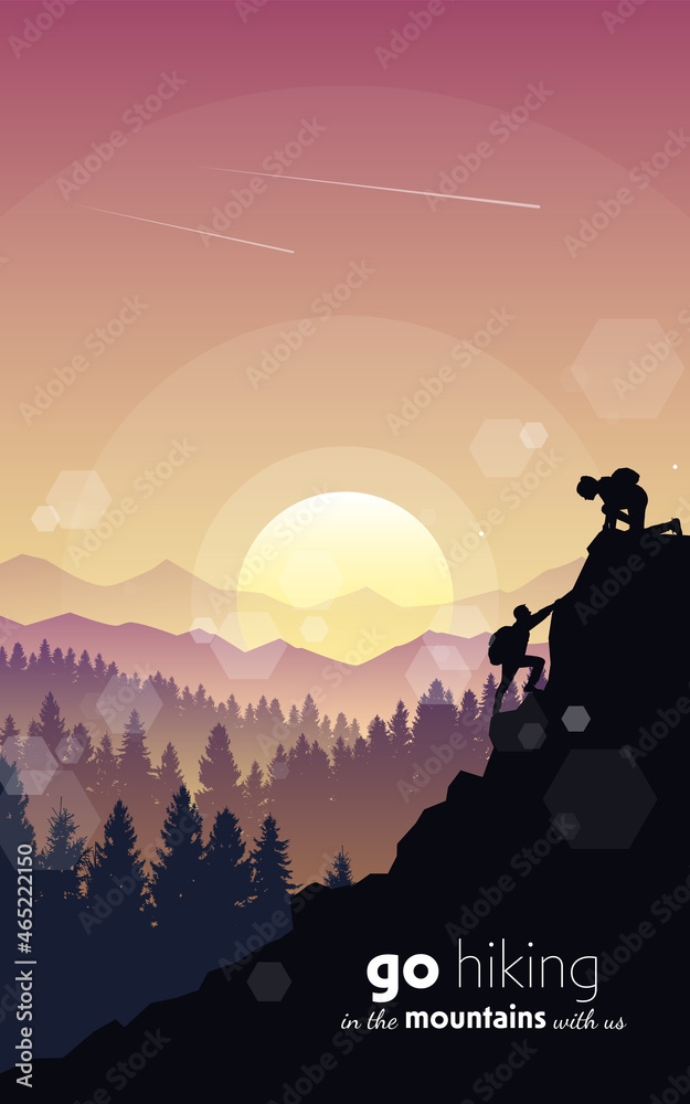 Fototapeta premium Man and woman climbing mountain. Teamwork. Travel concept of discovering, exploring, observing nature. Hiking tourism. Adventure. Minimalist graphic flyer. Polygonal flat design. Vector illustration