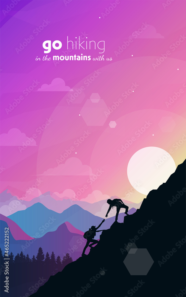 Fototapeta premium Climb to the top of the mountain. Helping hand. Travel concept of discovering, exploring, observing nature. Hiking tourism. Adventure. Minimalist graphic flyer. Polygonal flat design. Vector
