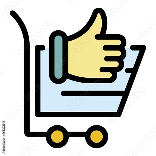 Shop cart thumb up icon. Outline shop cart thumb up vector icon color flat isolated