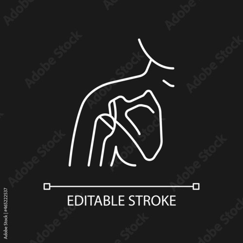 Joint dislocation white linear icon for dark theme. Dislocated shoulder. Muscles weakening. Thin line customizable illustration. Isolated vector contour symbol for night mode. Editable stroke