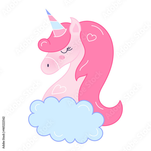 Illustration, Sticker of the Children's Unicorn in pastel colors with a cloud in trend style Doodle, cartoon, Flat, outline, outline. 