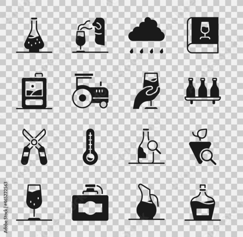 Set Old bottle of wine, Grapes, Bottle, Cloud with rain, Tractor, Cardboard box, Decanter for and Wine tasting, degustation icon. Vector