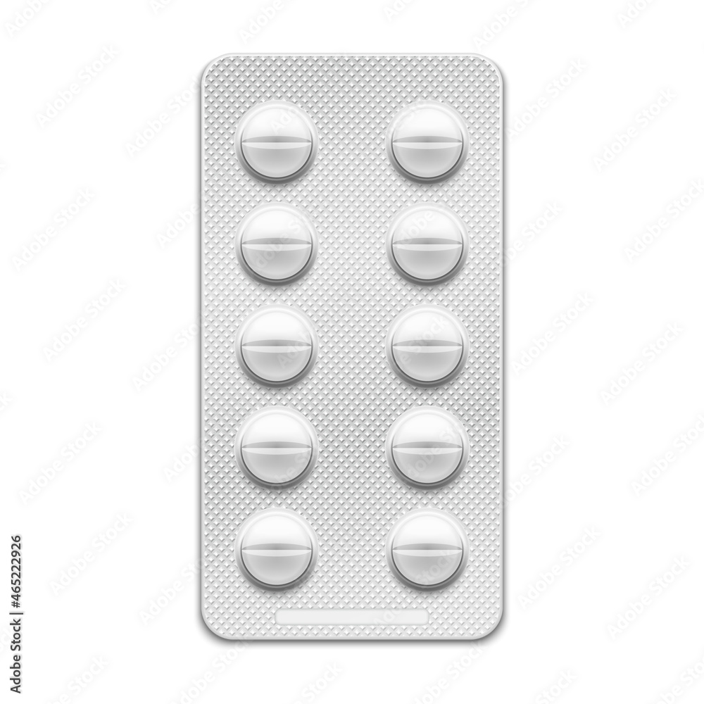 Round tablets in blister pack. 10 tablets per pack. Vector illustration. - obrazy, fototapety, plakaty 