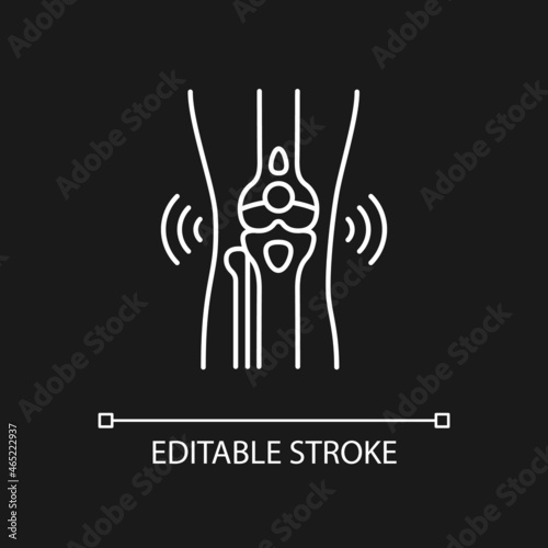 Bursitis white linear icon for dark theme. Inflamed joint. Painful swelling in elbow. Sports injury. Thin line customizable illustration. Isolated vector contour symbol for night mode. Editable stroke