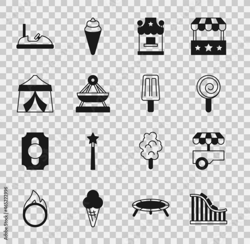 Set Roller coaster, Fast street food cart, Lollipop, Ticket box office, Boat swing, Circus tent, Bumper and Ice cream icon. Vector