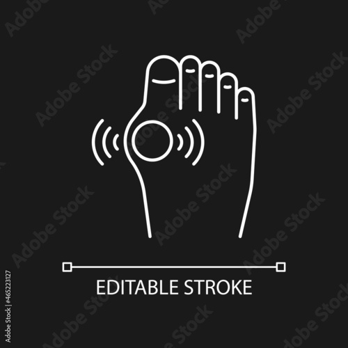 Gout white linear icon for dark theme. Inflammatory arthritis type. Uric acid buildup. Thin line customizable illustration. Isolated vector contour symbol for night mode. Editable stroke