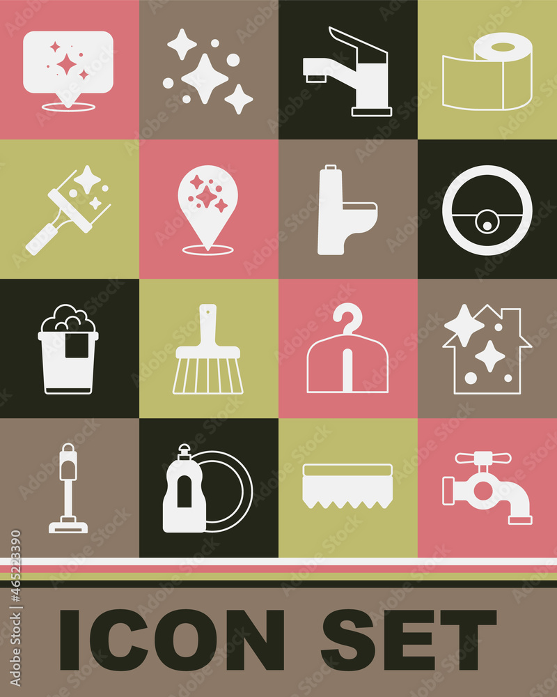 Set Water tap, Home cleaning service, Robot vacuum cleaner, Rubber for windows, and Toilet bowl icon. Vector Set Water tap, Home cleaning service, Robot vacuum cleaner, Rubber for windows, and Toilet bowl icon. Vector