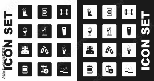 Set Wooden barrel, Beer tap, Glass of beer, Boot glass, Bottle opener, can, and Pack bottles icon. Vector
