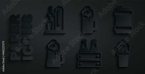 Set Pack of beer bottles, Metal keg, Wooden mug, Glass, and Beer tap with glass icon. Vector
