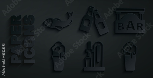 Set Beer tap with glass, Street signboard Bar, Glass of beer, bottle and Dried fish icon. Vector