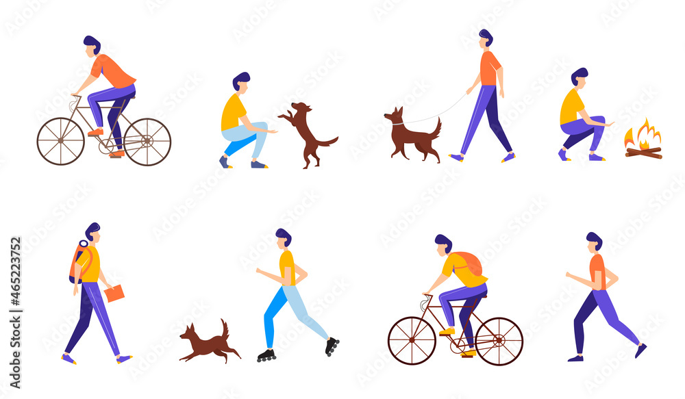 Young man doing different outdoor activities: running, cycling, rollerblading, walking with dog, traveling. Active and healthy lifestyle concept. illustration in flat style. 