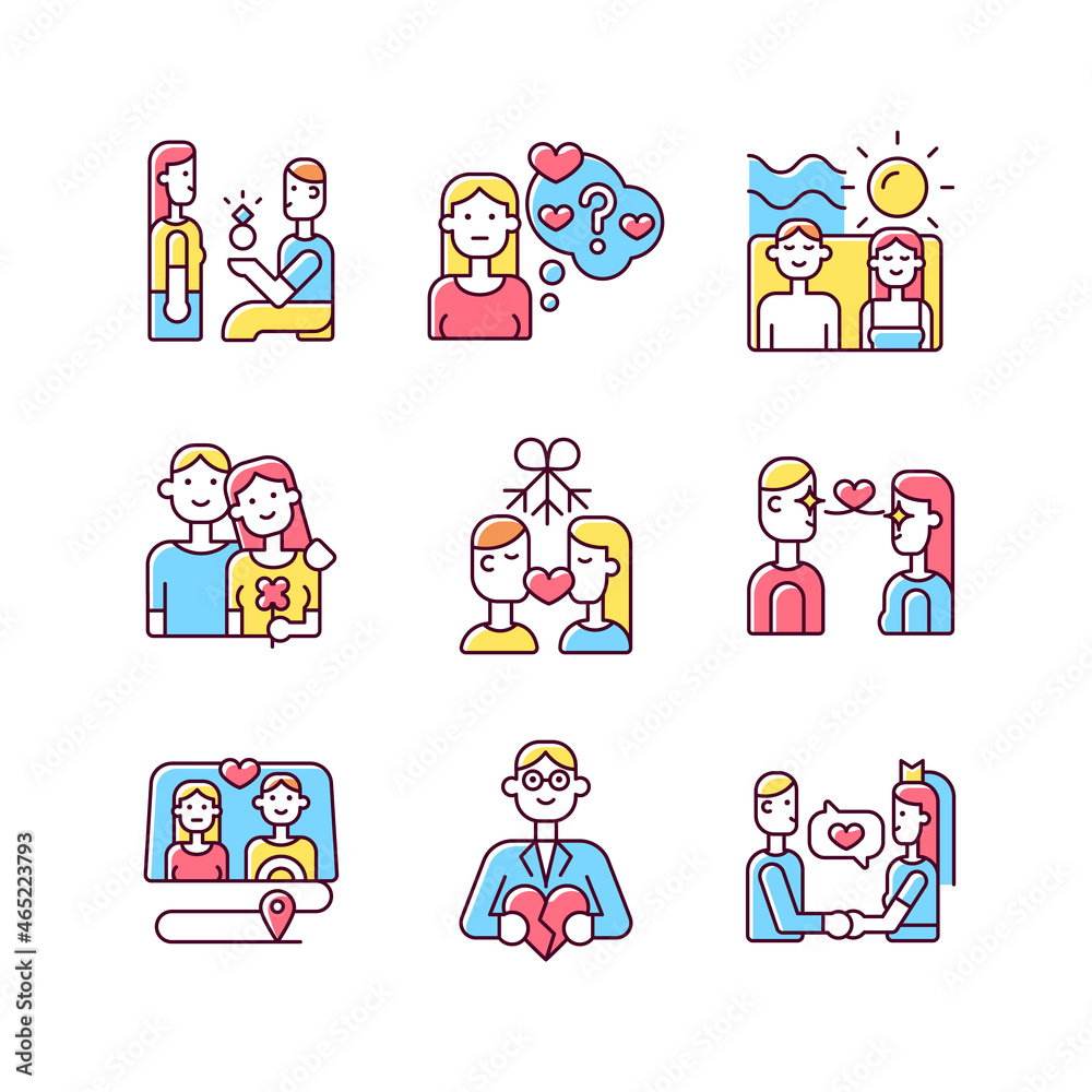 Romantic relationship RGB color icons set. Young family life tips. Development of healthy relations. Couples in love. Isolated vector illustrations. Simple filled line drawings collection