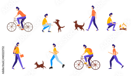 Young man doing different outdoor activities  running  cycling  rollerblading  walking with dog  traveling. Active and healthy lifestyle concept. illustration in flat style. 