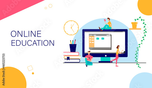 Remote training. The landing page template. A group of students is trained online. illustration.