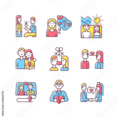 Romantic relationship RGB color icons set. Young family life tips. Development of healthy relations. Couples in love. Isolated vector illustrations. Simple filled line drawings collection