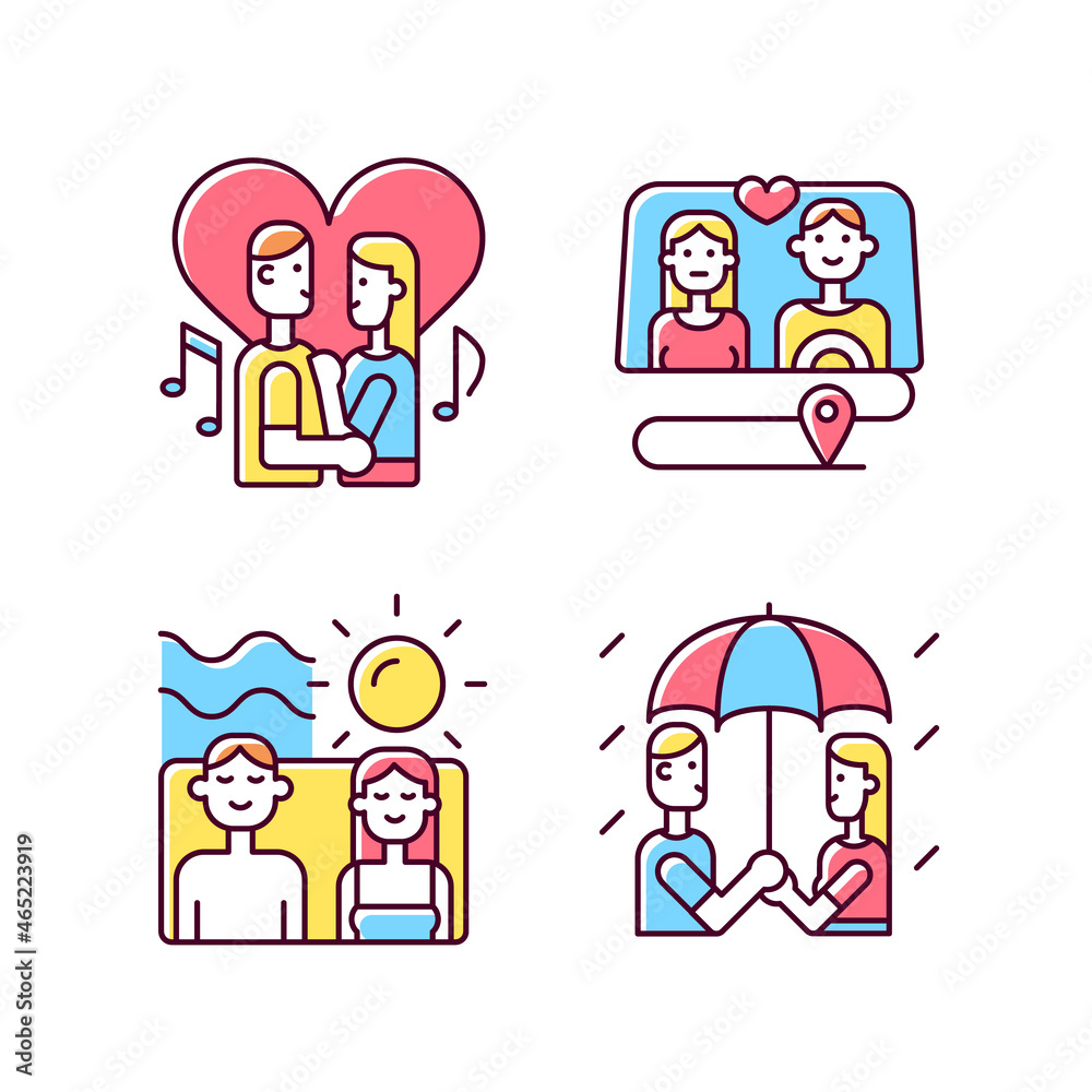 Couple quality time RGB color icons set. Spending free time together as family. Romantic dates ideas. Weekend with partner tips. Isolated vector illustrations. Simple filled line drawings collection