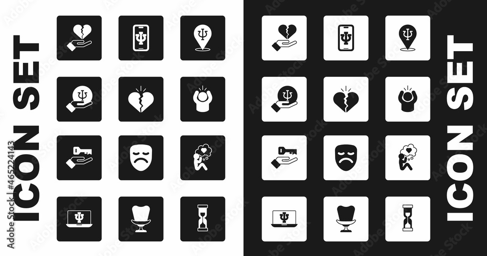 Set Psychology, Psi, Broken heart or divorce, Anger, Psychologist online, Head with and Solution to the problem icon. Vector