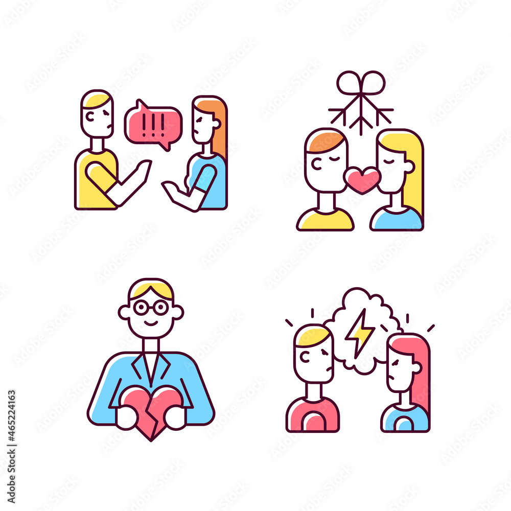 Fighting in relationship RGB color icons set. Couple criticizing each other. Healthy relation. Family and couples consultant. Isolated vector illustrations. Simple filled line drawings collection Fighting in relationship RGB color icons set. Couple criticizing each other. Healthy relation. Family and couples consultant. Isolated vector illustrations. Simple filled line drawings collection