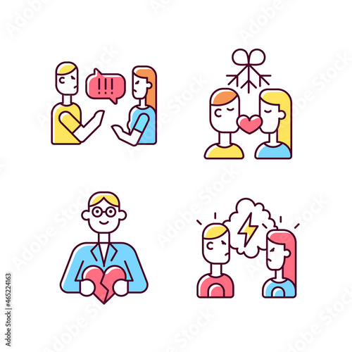 Fighting in relationship RGB color icons set. Couple criticizing each other. Healthy relation. Family and couples consultant. Isolated vector illustrations. Simple filled line drawings collection