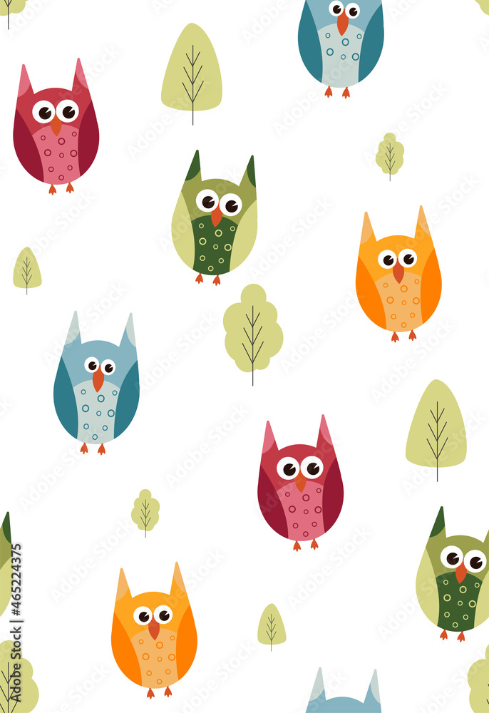 Cute seamless pattern with cute cartoon owls in the forest. Children's patterns for wallpaper, gift wrapping. Patterns for the holidays Cute seamless pattern with cute cartoon owls in the forest. Children's patterns for wallpaper, gift wrapping. Patterns for the holidays