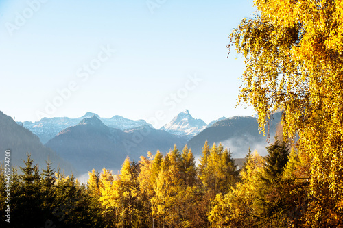 Ennstal at foggy autumn dawn