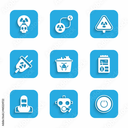 Set Infectious waste, Gas mask, Power button, Dosimeter, Nuclear reactor worker, Radiation electrical plug, Triangle with radiation and Radioactive icon. Vector
