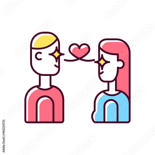 Love at first sight RGB color icon. Instantly falling in love. Mutual romantic feeling. Two people infatuated by each other. Isolated vector illustration. Simple filled line drawing