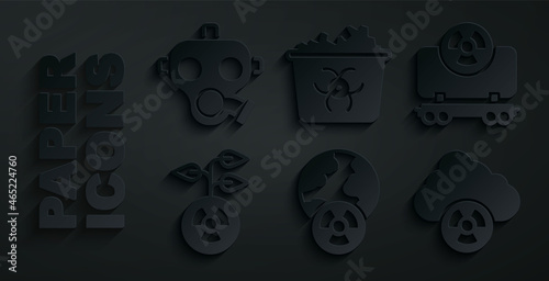 Set Planet earth and radiation, Radioactive cargo train, Acid radioactive cloud, Infectious waste and Gas mask icon. Vector