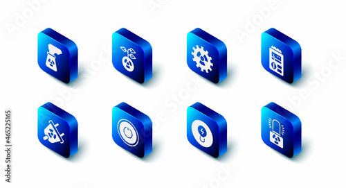 Set Radioactive, Dosimeter, warning lamp, Light bulb with concept of idea, Power button, Radiation electrical plug and Nuclear power plant icon. Vector