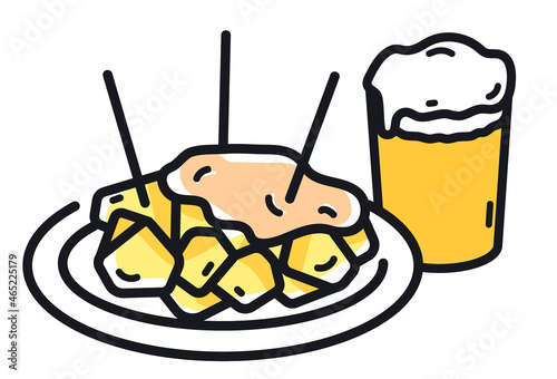 Fototapeta Illustration of typical Spanish food, Potatoes with spicy sauce (tapas patatas bravas) with a small glass of beer