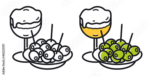 Photo Illustration of typical Spanish appetizer, olives and glass of beer