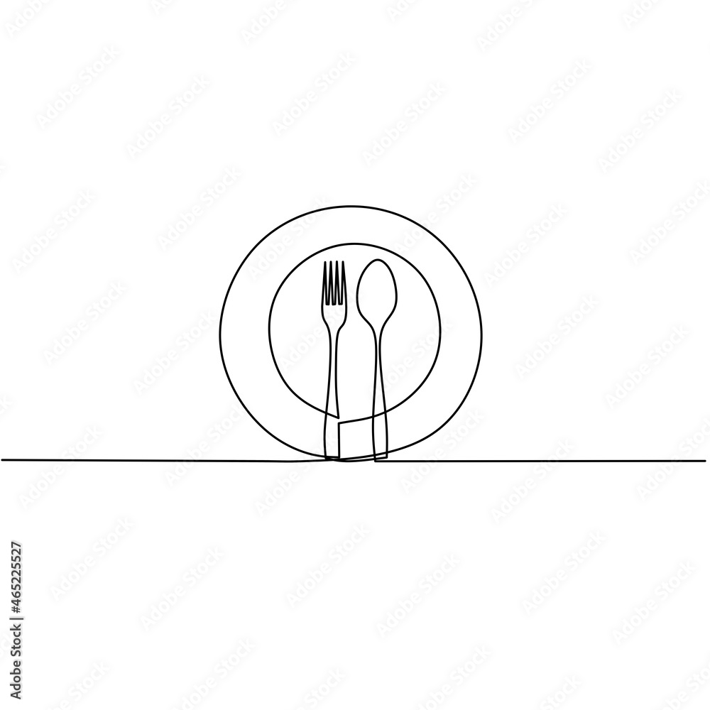 Continuous line drawing of plate with spoon and fork, object one line, single line art, hand drawn, vector illustration Continuous line drawing of plate with spoon and fork, object one line, single line art, hand drawn, vector illustration