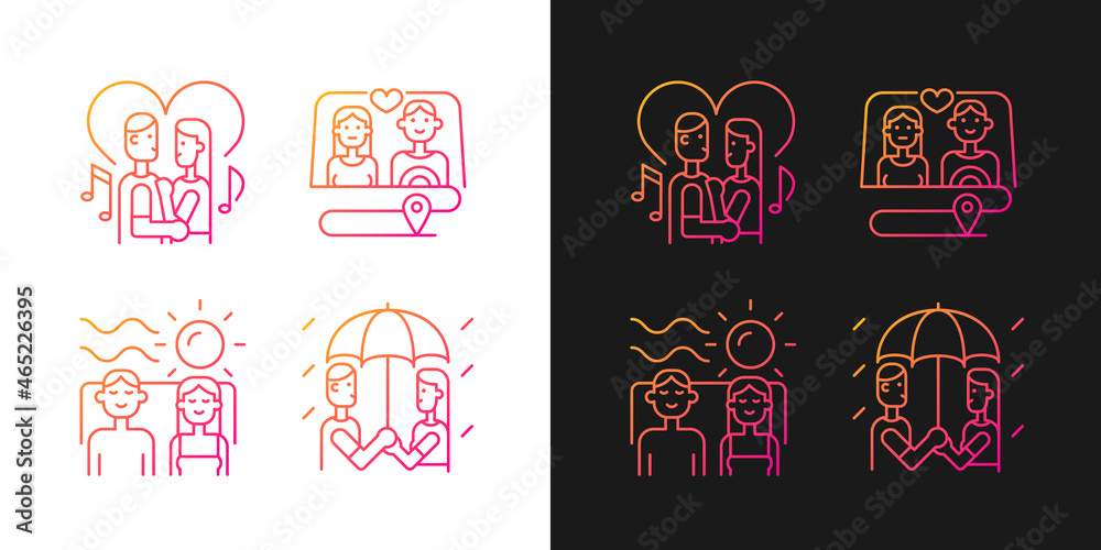 Couple quality time gradient icons set for dark and light mode. Spending time together as family. Thin line contour symbols bundle. Isolated vector outline illustrations collection on black and white Couple quality time gradient icons set for dark and light mode. Spending time together as family. Thin line contour symbols bundle. Isolated vector outline illustrations collection on black and white