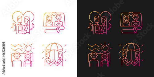 Couple quality time gradient icons set for dark and light mode. Spending time together as family. Thin line contour symbols bundle. Isolated vector outline illustrations collection on black and white