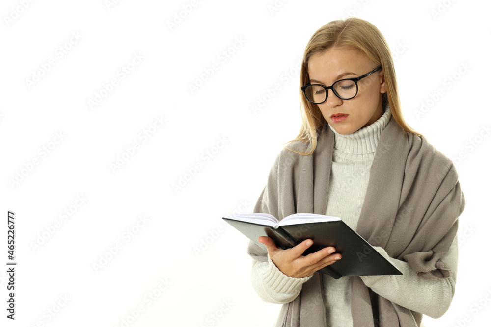 Female teacher holds notebook, isolated on white background Female teacher holds notebook, isolated on white background