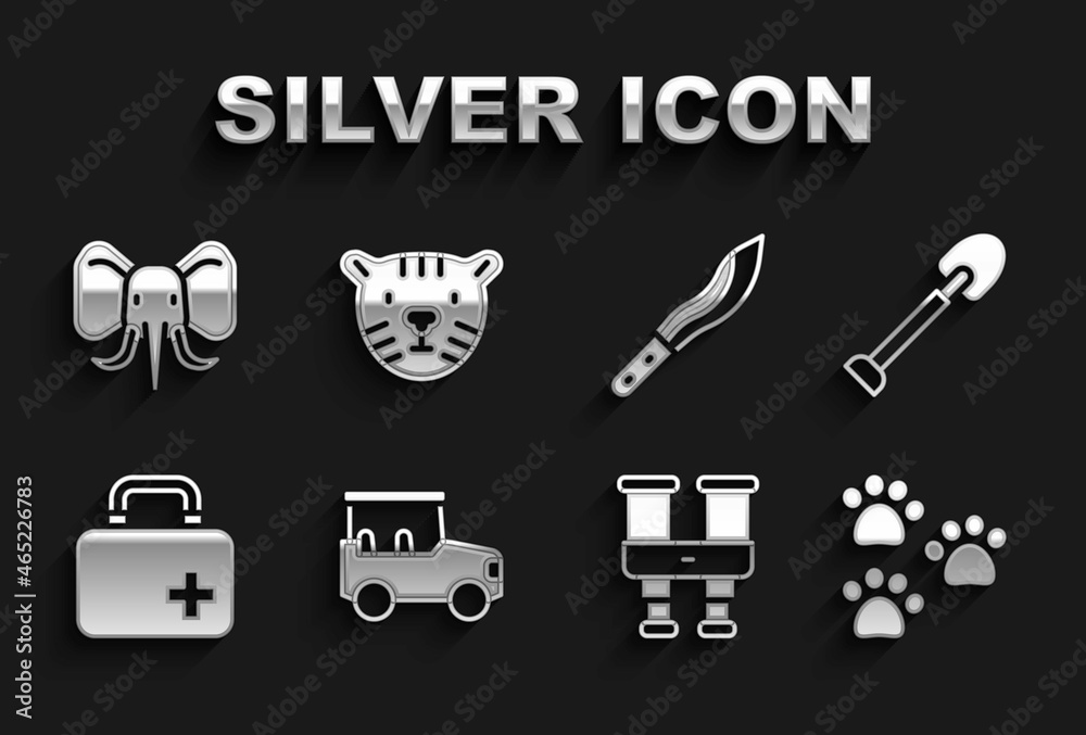 Set Safari car, Shovel, Paw print, Binoculars, First aid kit, Machete, Elephant and Tiger head icon. Vector Set Safari car, Shovel, Paw print, Binoculars, First aid kit, Machete, Elephant and Tiger head icon. Vector
