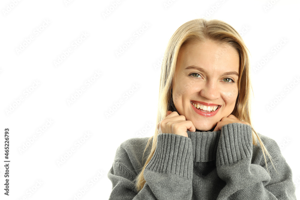 Attractive girl in sweater isolated on white background, space for text