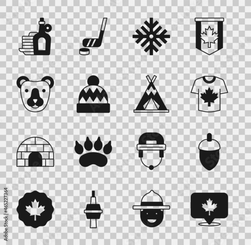 Set Canadian maple leaf, Acorn, Hockey jersey, Snowflake, Beanie hat, Bear head, Syrup with pancakes and Indian teepee wigwam icon. Vector