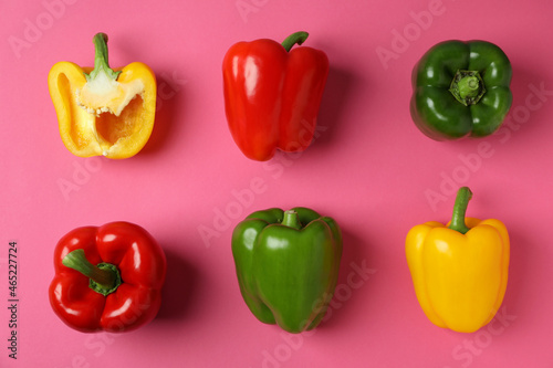Flat lay composition with bell pepper on pink background