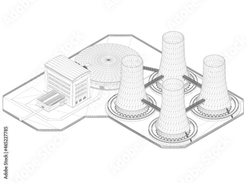 Power station wireframe from black lines isolated on white background. Isometric view. 3D. Vector illustration