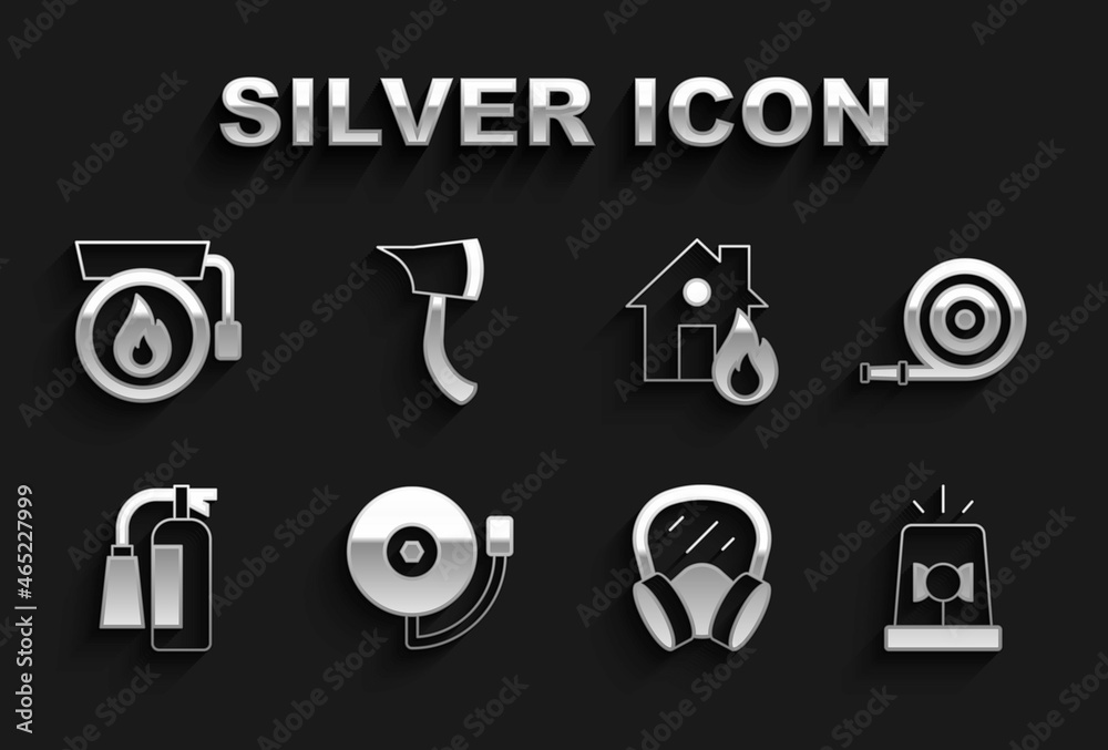 Set Ringing alarm bell, Fire hose reel, Flasher siren, Gas mask, extinguisher, burning house, and Firefighter axe icon. Vector
