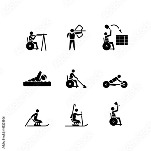 Athletes with disabilities black glyph icons set on white space. Sport games with equipment. Adaptive tournaments. People with disability. Silhouette symbols. Vector isolated illustration