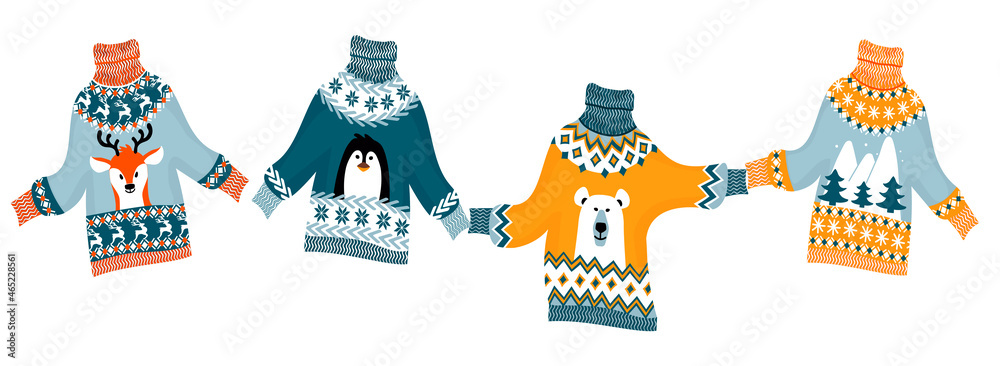 Fototapeta premium Handmade Christmas sweaters flat cartoon vector illustrations set.Festive Xmas and New Year design elements bundle.Winter holiday pullovers decorated scandinavian ornaments and isolated on white.
