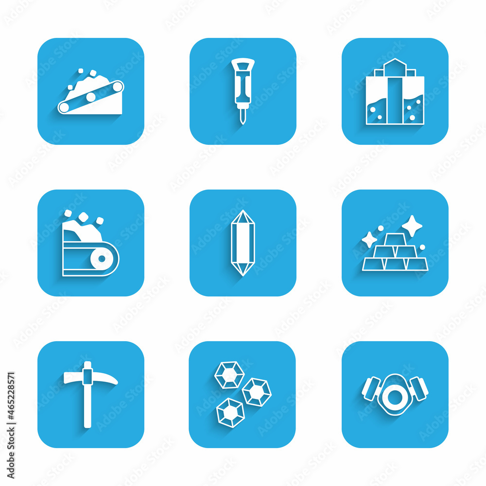 Set Gem stone, Gas mask, Gold bars, Pickaxe, Conveyor belt carrying coal, Mine entrance and icon. Vector Set Gem stone, Gas mask, Gold bars, Pickaxe, Conveyor belt carrying coal, Mine entrance and icon. Vector