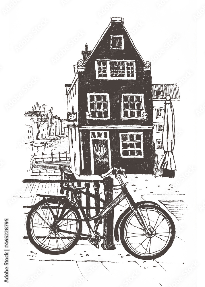 Fototapeta premium Travel urban sketch of house and bike in Amsterdam. Liner sketch of Amsterdam, Holland, hand drawing sketch, graphic illustration in black color isolated on white background. Travel postcard.
