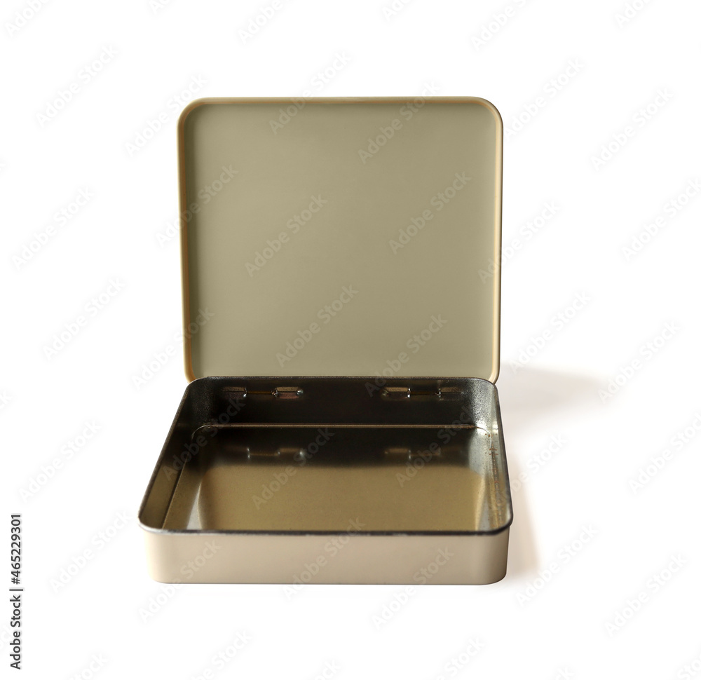 Empty metal box with lid open. Placed on a white background. Isolated. Empty metal box with lid open. Placed on a white background. Isolated.