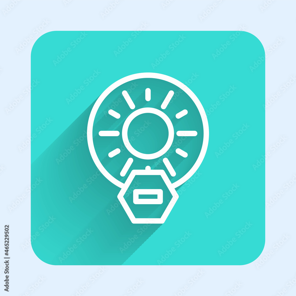 White line No direct sunlight icon isolated with long shadow background. Green square button. Vector White line No direct sunlight icon isolated with long shadow background. Green square button. Vector
